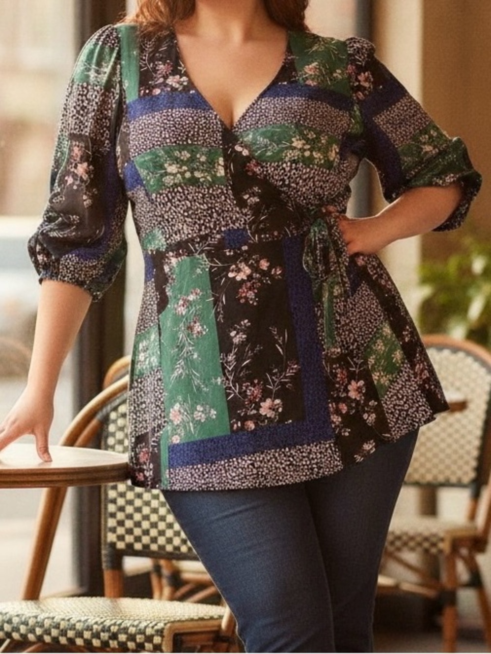 NWT City Chic Feminine Patchwork Ditzy Floral True Wrap Top Size 14